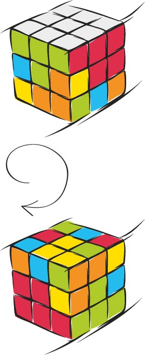 Zauberwürfel mit weißer Seite oben, Drehpfeil und Zauberwürfel mit weißer Seite unten, Veranschaulichung einer Drehbewegung während der Lösung