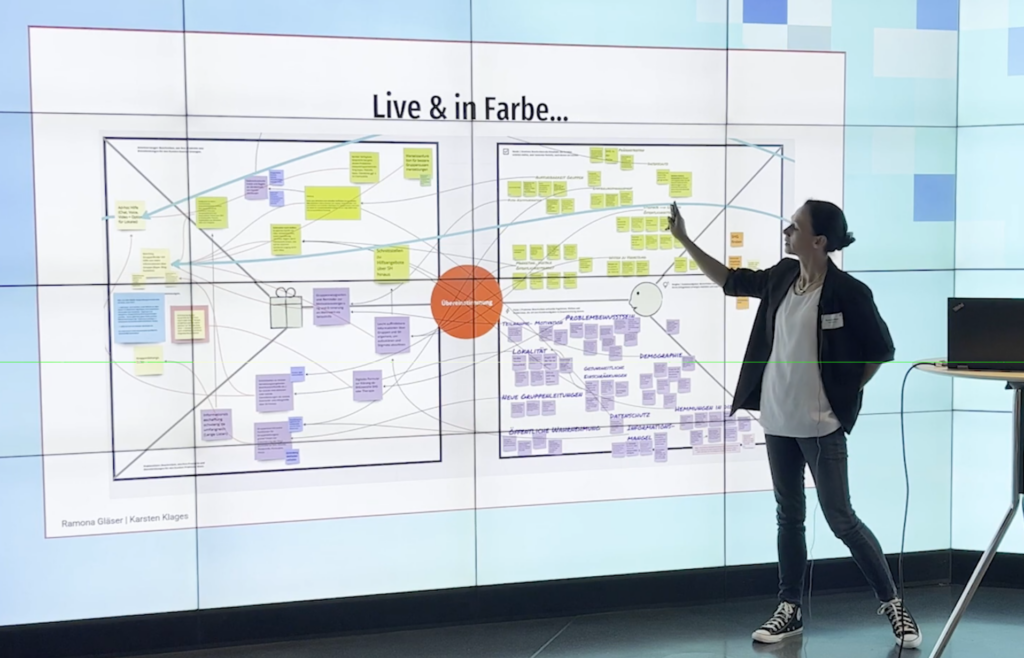 Ramona Gläser präsentiert Projektergebnisse aus reframe[Tech] vor einer großen Bildschirmwand -Referenzprojekt Bertelsmann Stiftung 2023
